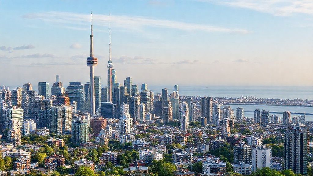 Skyline with twin towers and waterfront view