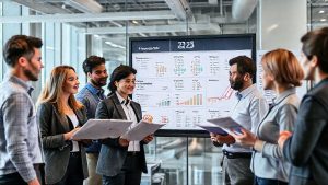 Business team discussing data charts in meeting.