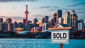 Sold sign in city skyline at sunset.