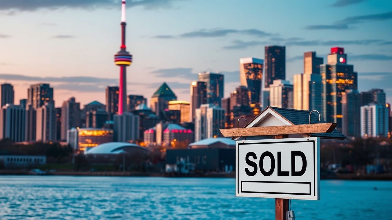 Sold sign in city skyline at sunset.