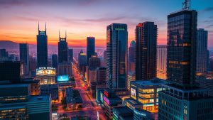 City skyline at sunset with skyscrapers and lights.
