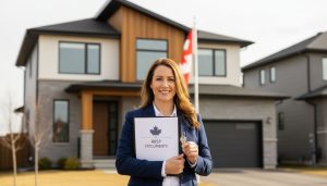 Realtor holding RRSP documents and house key in front of a modern Canadian home