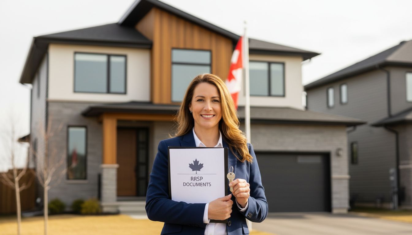 Realtor holding RRSP documents and house key in front of a modern Canadian home