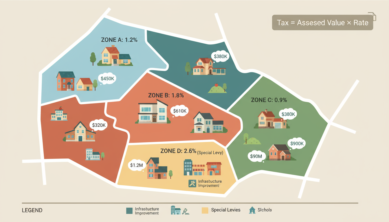 Map-style infographic showing neighborhood areas with different property tax percentages and houses with price tags