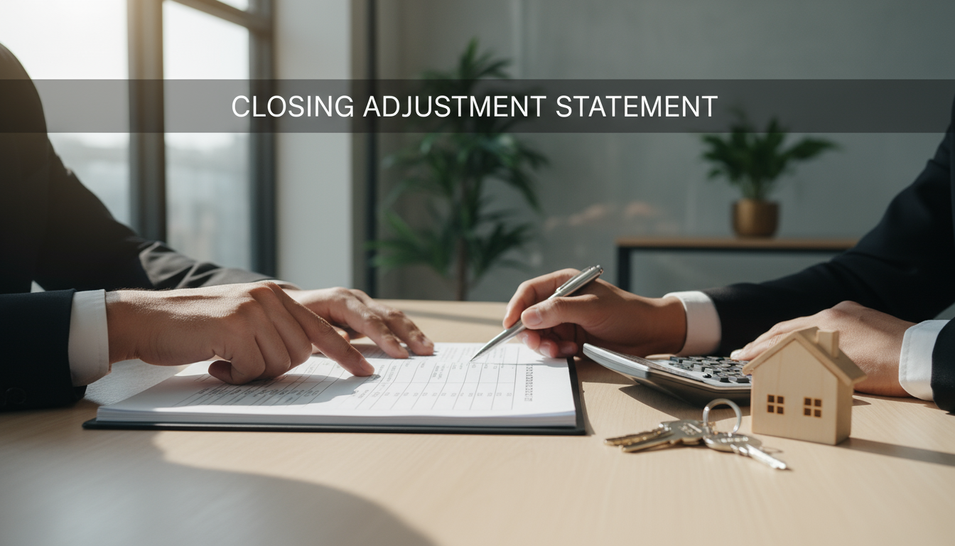 Adjustment statement on desk with calculator, pen, keys, and hands pointing at figures during a real estate closing