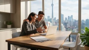 Real estate agent advising buyers at kitchen table with contract and laptop