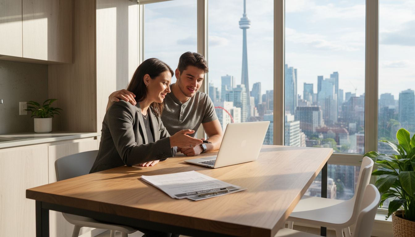 Real estate agent advising buyers at kitchen table with contract and laptop