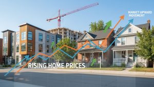 Neighborhood with new construction and older homes, overlay graph showing rising prices