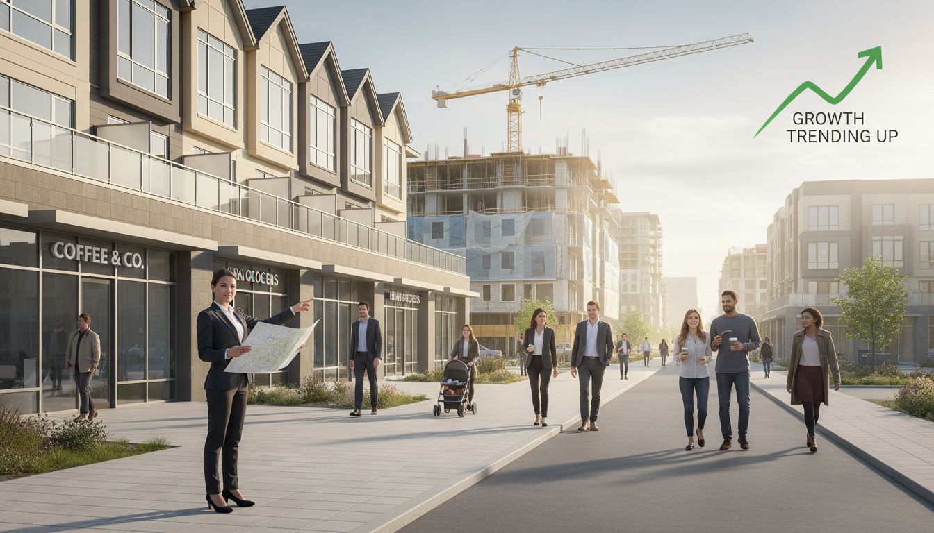 Real estate agent pointing to a developing neighborhood with new homes, cranes, and an upward trend arrow.
