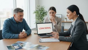Real estate agent negotiating at a table with seller and buyer over contract after financing fell through
