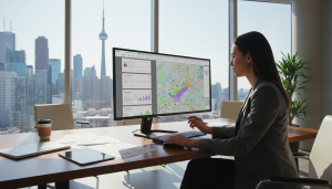 Real estate agent comparing online home value estimates on laptop with charts and Toronto skyline in background