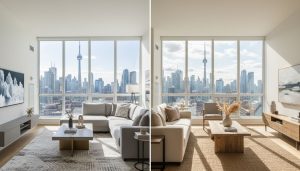 Split image showing a living room virtually staged on the left and physically staged on the right with Toronto skyline outside.