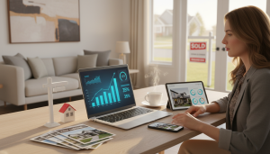 Realtor reviewing Facebook ad campaign analytics on a laptop with home listing visuals and charts.