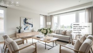 Professionally staged bright living room with virtual tour overlay for online real estate listing.