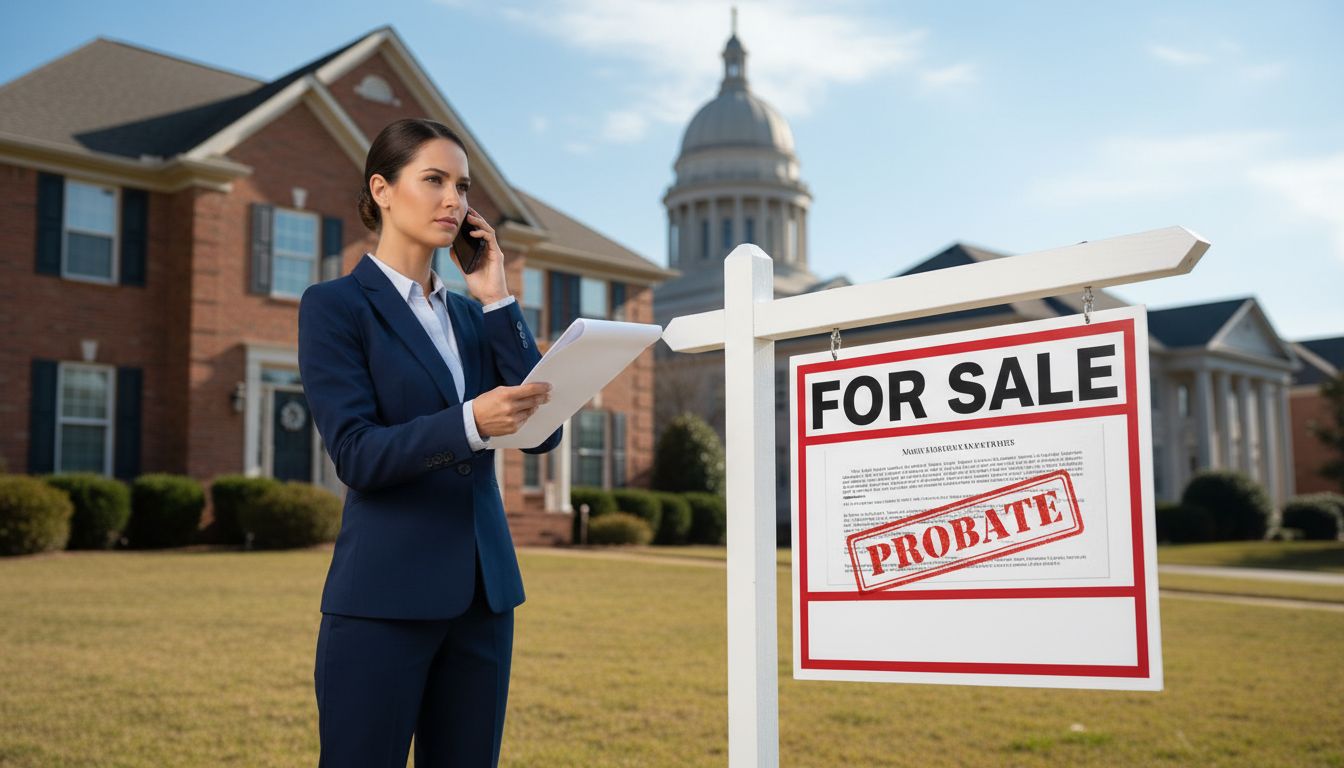 House for sale sign with probate documents and courthouse silhouette representing probate sale process