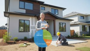 Realtor with clipboard reviewing home improvement budget at a suburban house renovation with contractor and budget chart overlay.