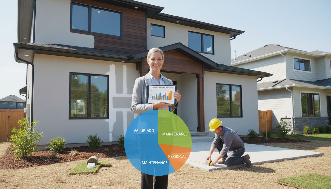 Realtor with clipboard reviewing home improvement budget at a suburban house renovation with contractor and budget chart overlay.