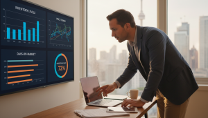 Real estate market dashboard showing inventory, price trends, days on market and absorption rate with realtor analyzing data