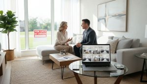 Staged living room with For Sale By Owner sign visible outside and homeowner discussing sale details with a professional.