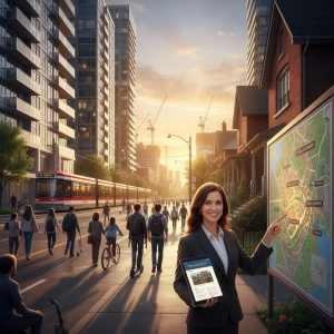 Ontario neighborhood with condos, homes, transit, construction cranes and a realtor holding a market report
