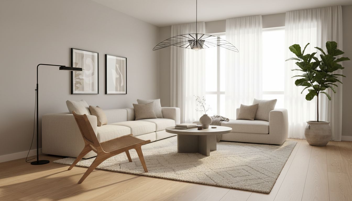 Staged modern living room with neutral palette, statement lighting, and minimalist furniture.