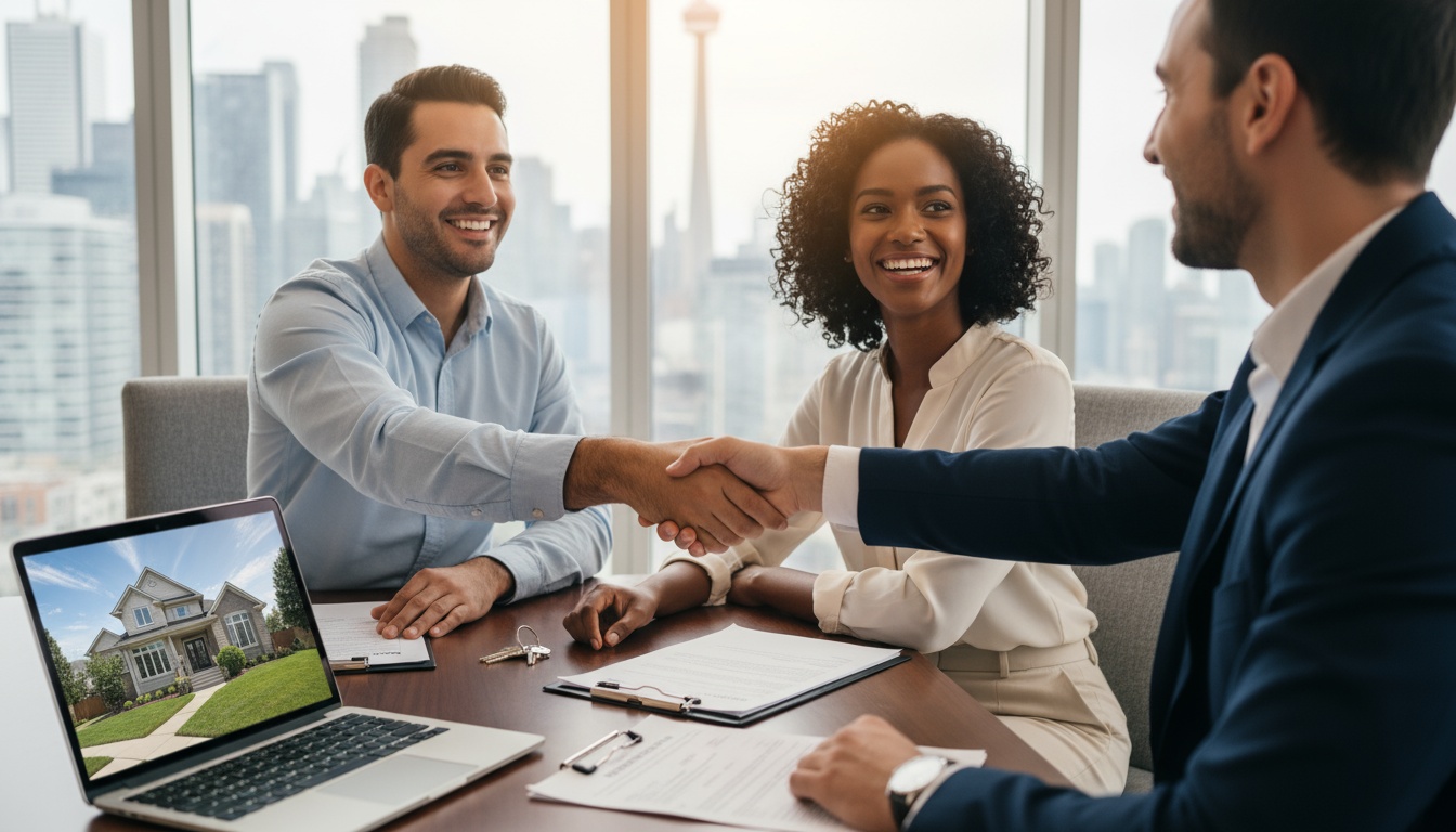 Realtor advising couple on mortgage portability with documents, laptop, and house image in a modern office.