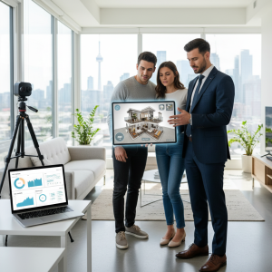 Real estate agent showing a 3D virtual tour on a tablet with a 360 camera and analytics on a laptop in a modern home.