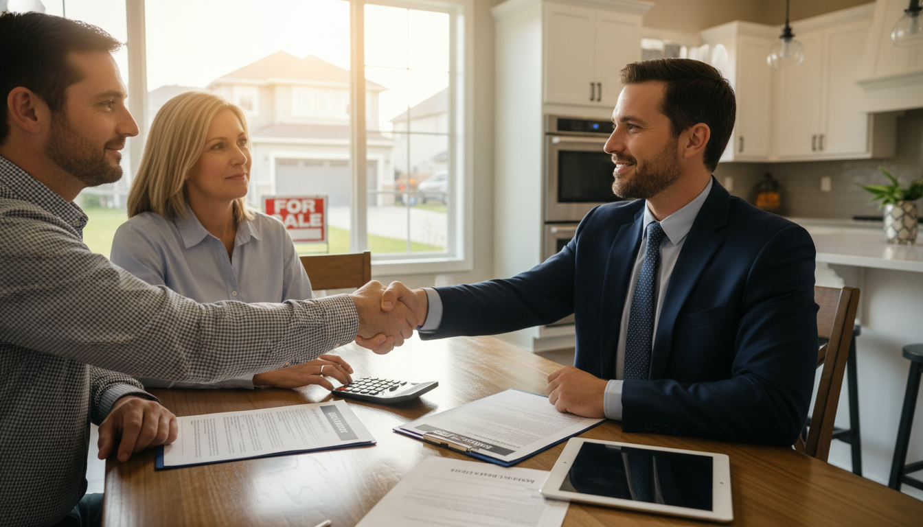 Real estate agent reviewing mortgage documents with homeowners at kitchen table, For Sale sign visible