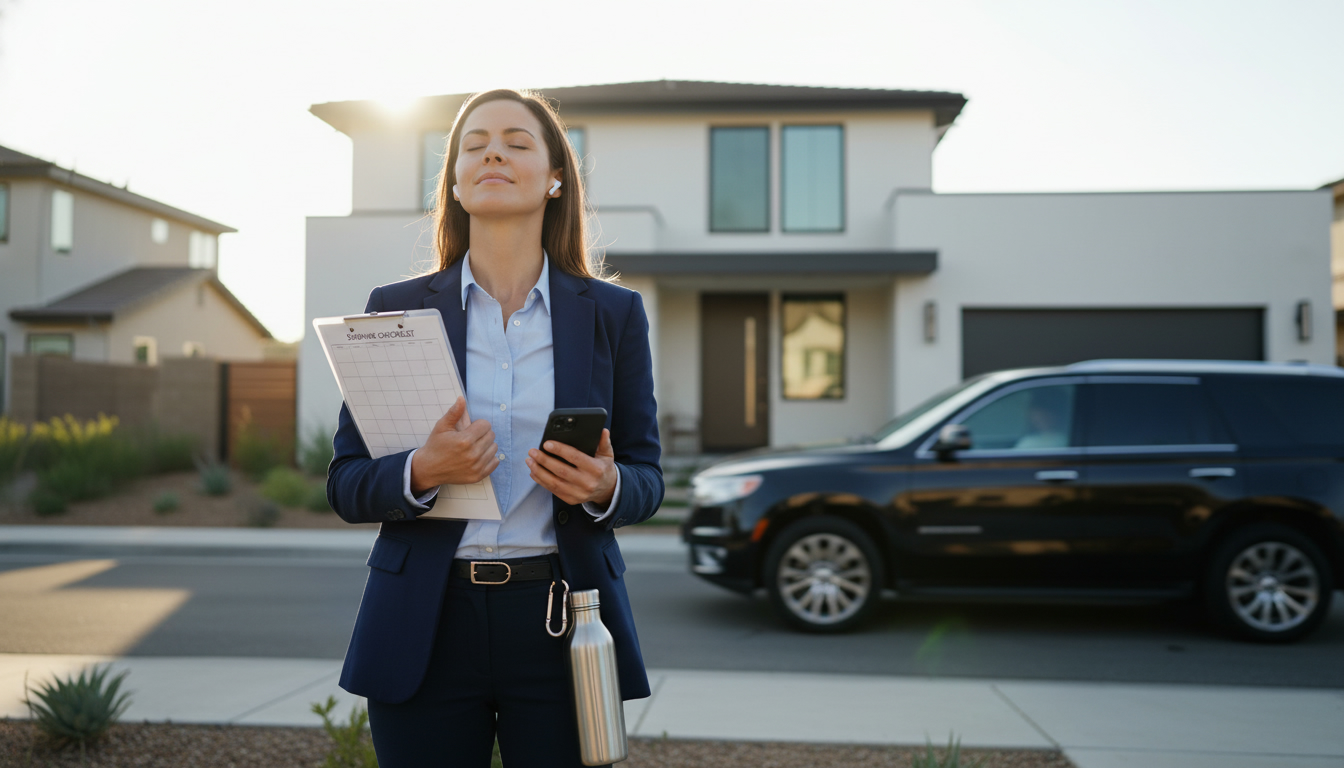 Real estate agent taking a calm breath between showings, clipboard in hand, outside a modern home