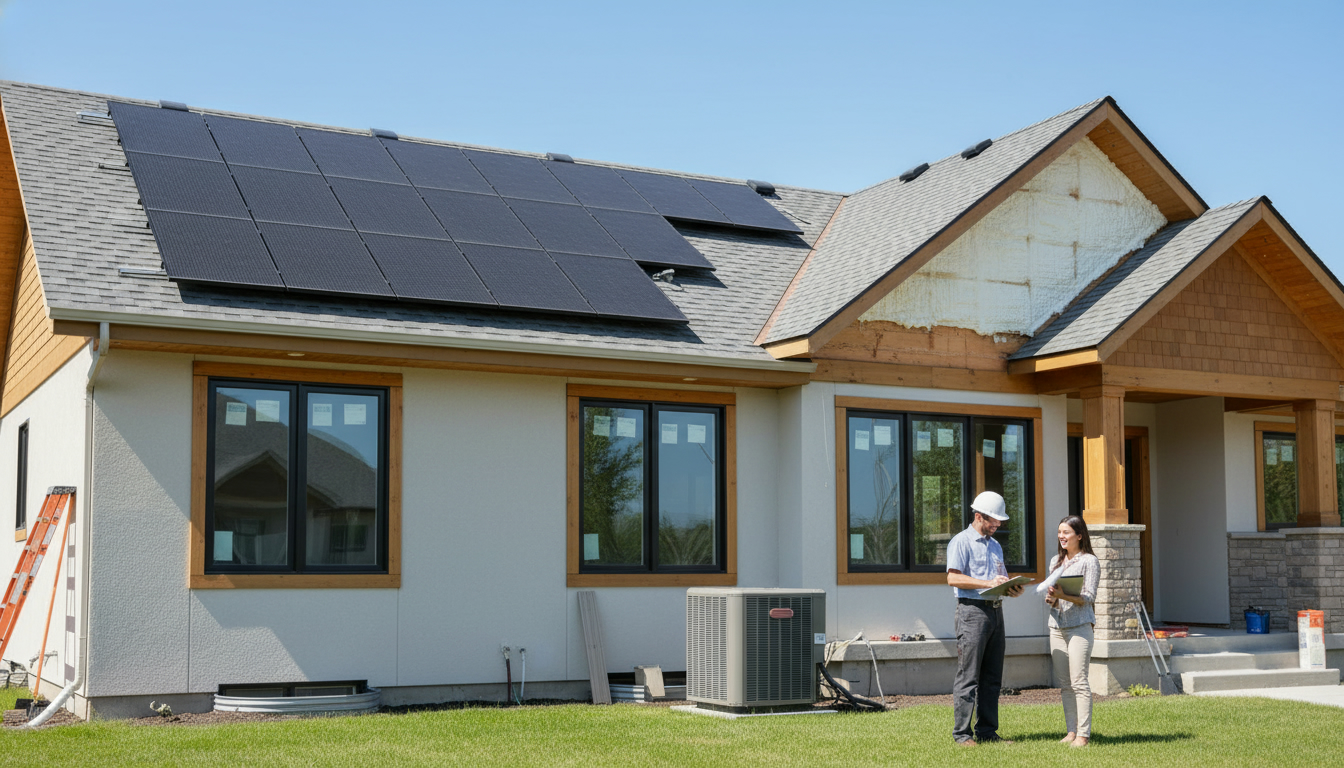 Modern house with solar panels, new windows, attic insulation, and technician inspecting HVAC
