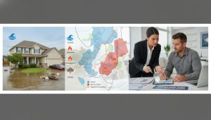 Suburban house with flood water, hazard map overlay showing flood and wildfire zones, realtor consulting homeowner