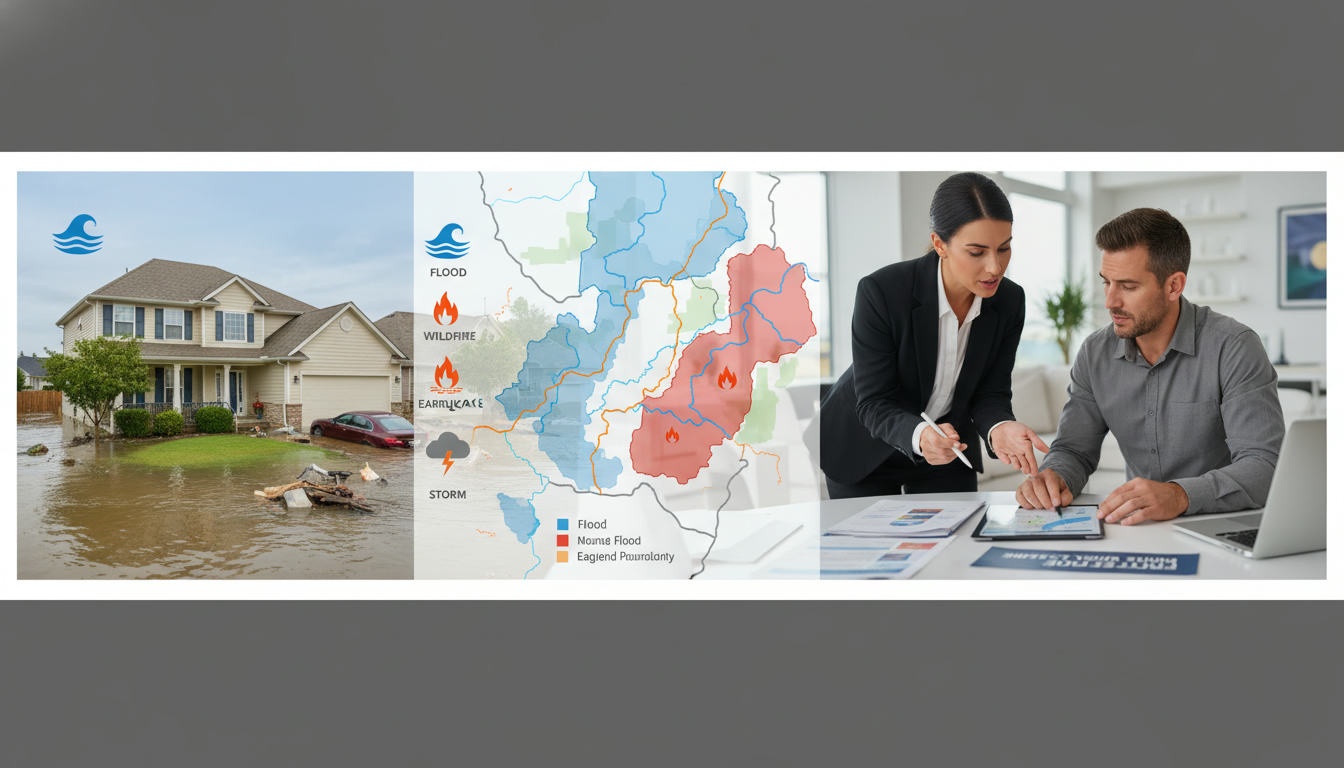 Suburban house with flood water, hazard map overlay showing flood and wildfire zones, realtor consulting homeowner