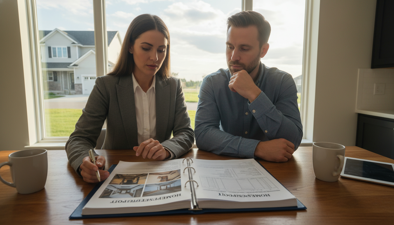 Realtor and buyer reviewing a home inspection report at a kitchen table with house visible outside.