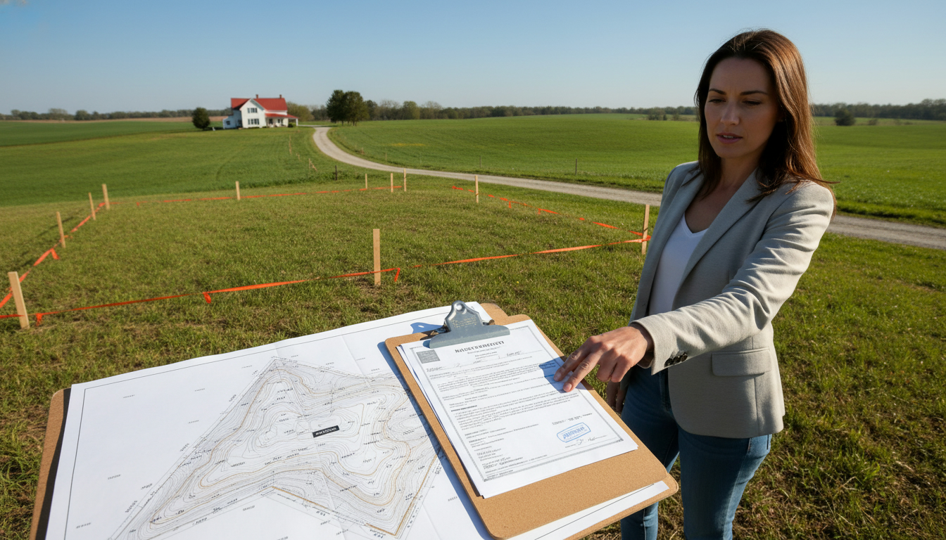 Agent reviewing permit documents and site plan on a rural lot with farmhouse in background