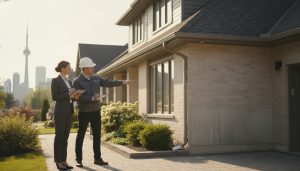 Home inspector and realtor inspecting a suburban house exterior with clipboard and checklist