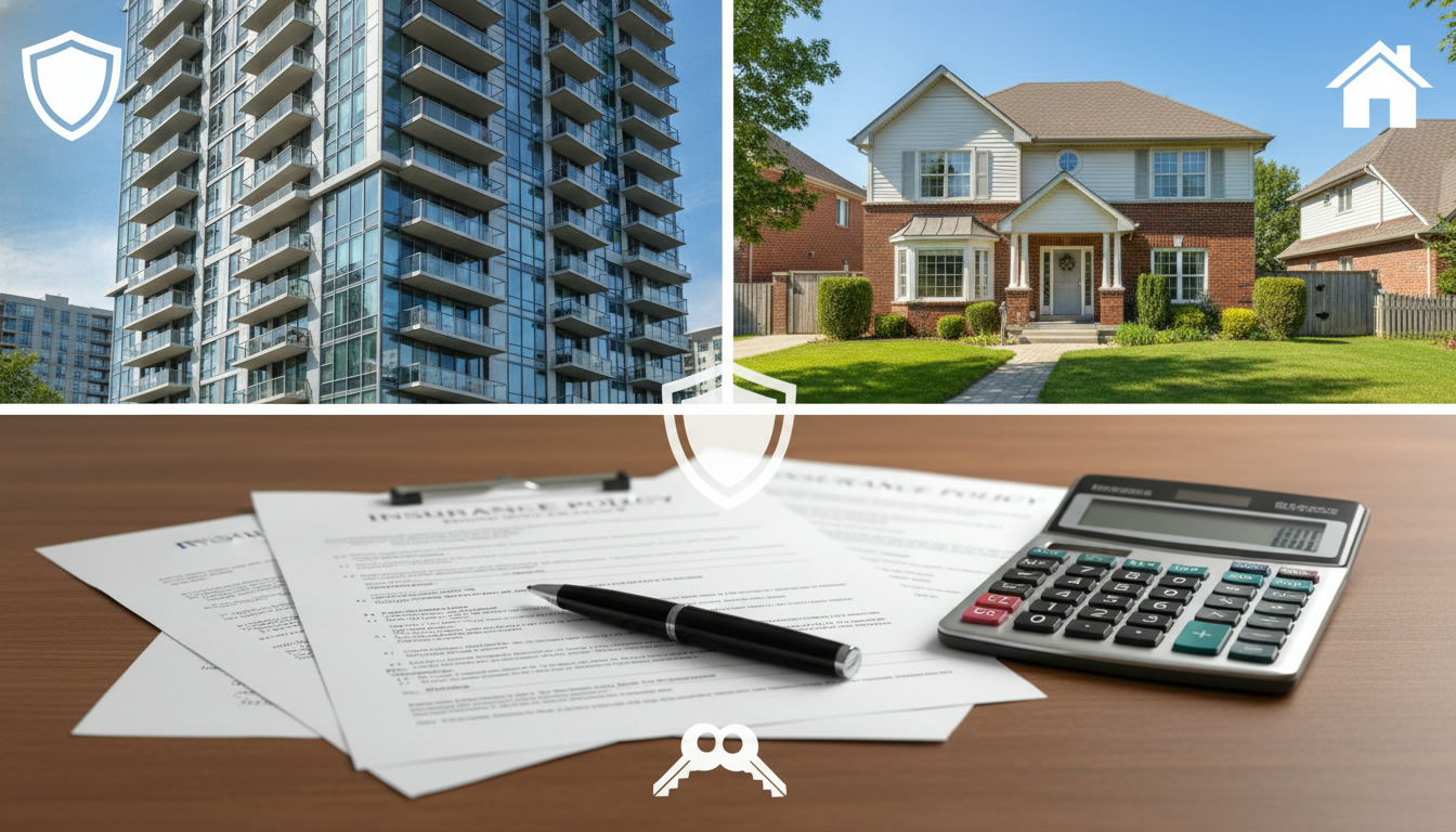 Split view of a condominium and a house with insurance documents and icons representing protection