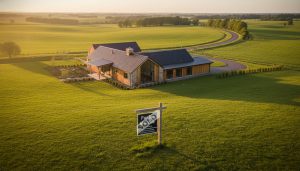 Luxury rural property estate at golden hour with a for sale sign and winding private road