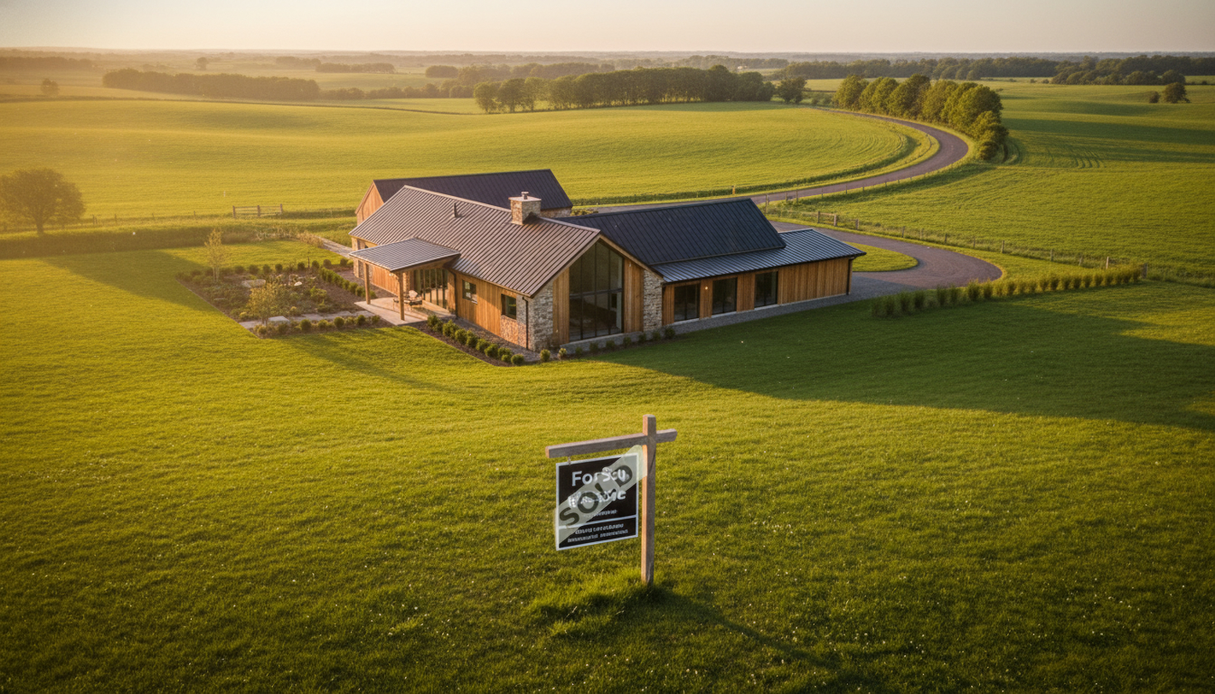 Luxury rural property estate at golden hour with a for sale sign and winding private road