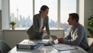 Realtor advising homeowner about property liability insurance documents at a kitchen table