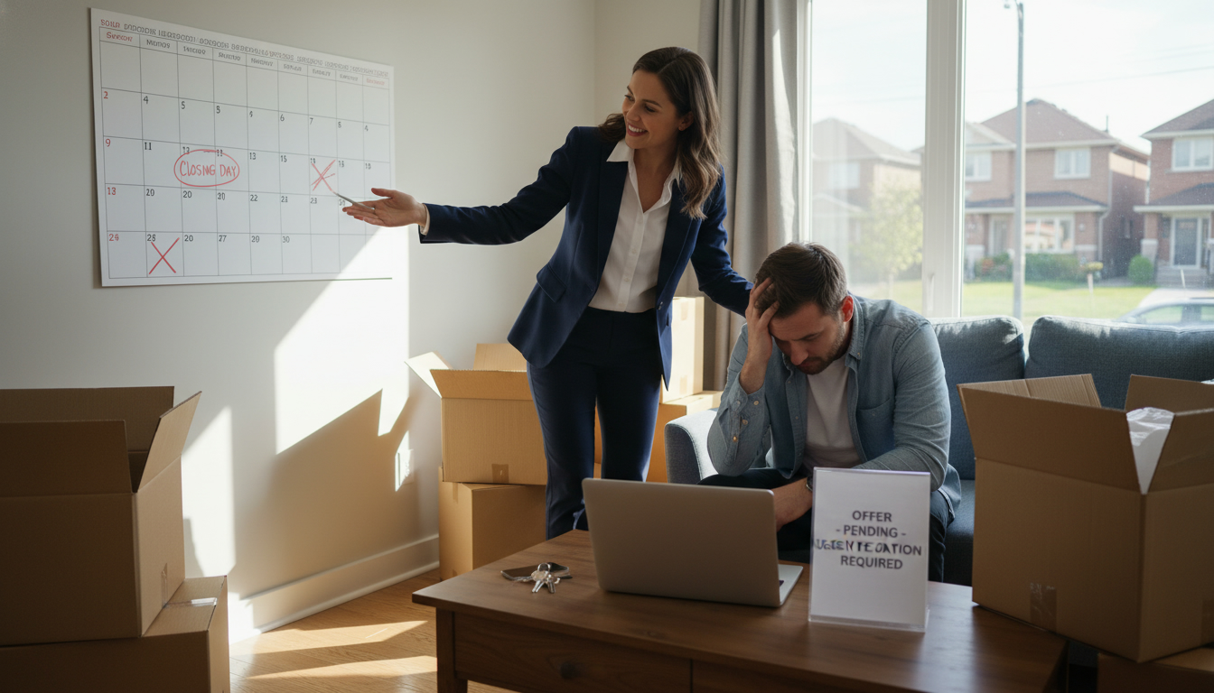 Realtor advising buyer with moving boxes and a circled closing day on the calendar