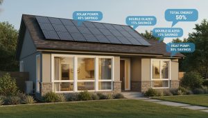 Modern home with solar panels, new windows and heat pump illustrating energy-efficient upgrades and savings