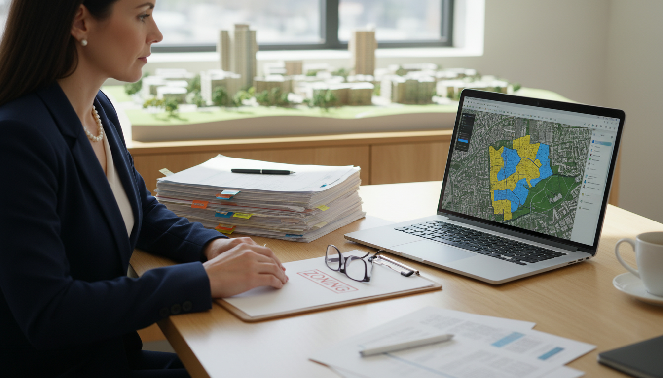 Realtor reviewing zoning map and legal documents with a laptop and clipboard stamped 'ZONING'