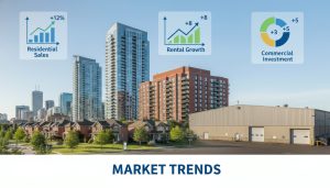 Infographic of city skyline showing houses, condos, apartments and industrial buildings with upward market trend arrows.