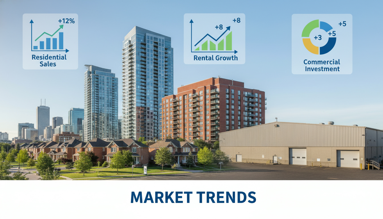 Infographic of city skyline showing houses, condos, apartments and industrial buildings with upward market trend arrows.