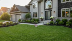 Staged suburban front yard with manicured lawn, trimmed shrubs, potted plants, and warm path lighting at dusk.