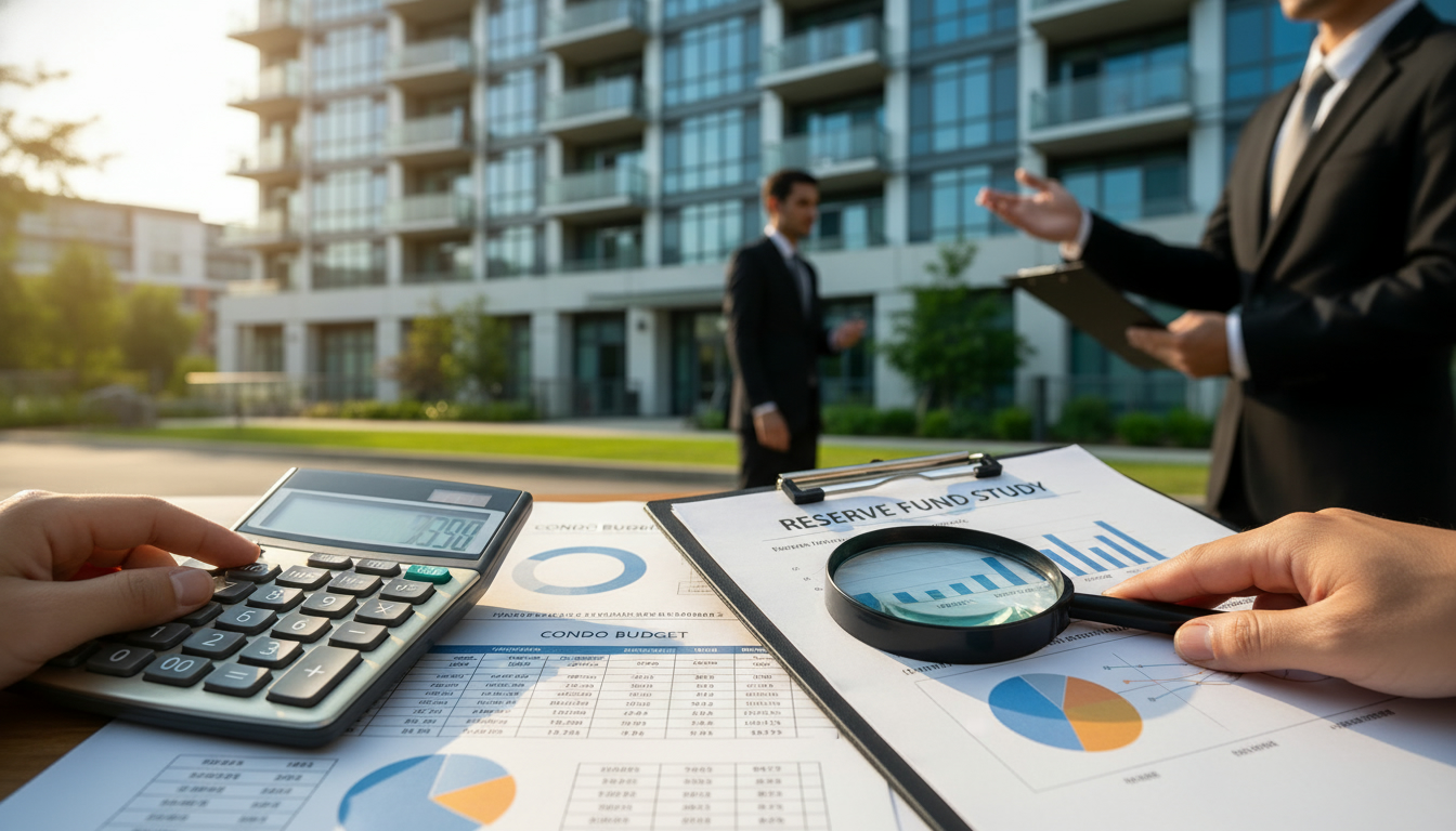 Condo building with calculator and budget documents showing reserve fund study and charts for HOA fee analysis.