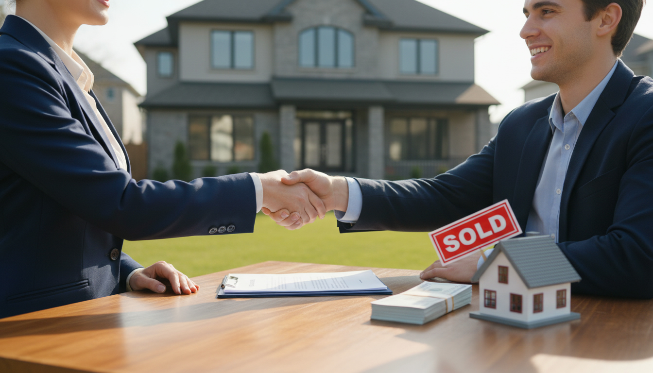 Real estate agent handing contract to buyer with 'Sold' sign and cash envelope on table, modern house in background.