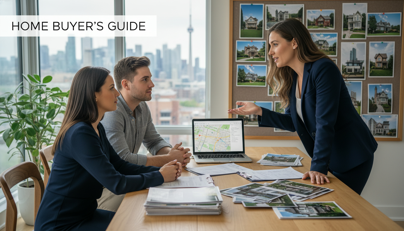Realtor advising couple with multiple house offers and contracts on table, Toronto skyline visible