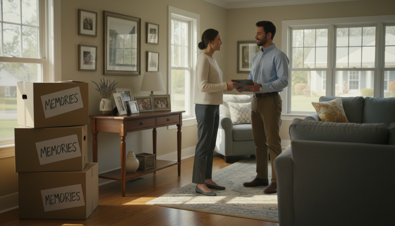 Living room with moving boxes labeled 'Memories', family photos on table, realtor handing checklist to homeowner