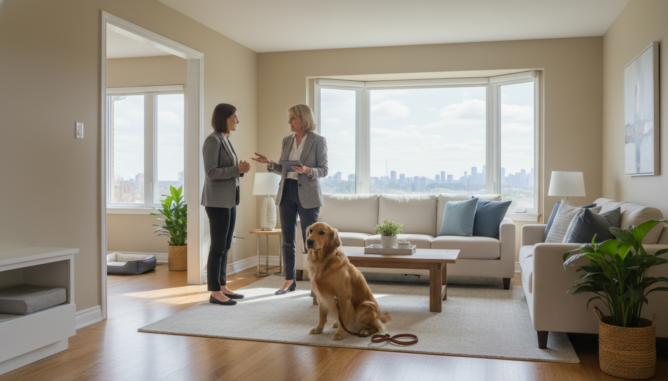 Realtor advising adult child in a staged living room while a calm dog sits on the rug.